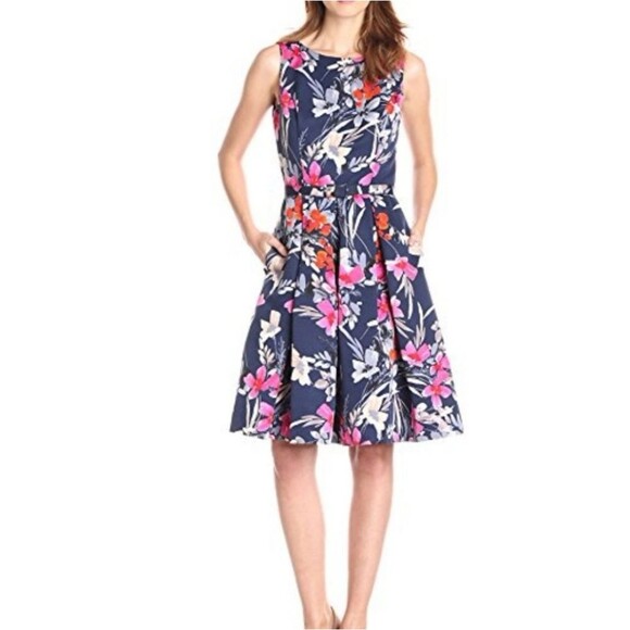 Eliza J Fit & Flare Floral Belted Dress Blue Pink Side Pockets Size 14 - Picture 1 of 16